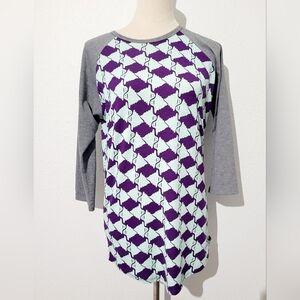 LuLaRoe Randy Raglan Top S Gray Purple Mint Ghost Print Halloween 3/4 Sleeve...
